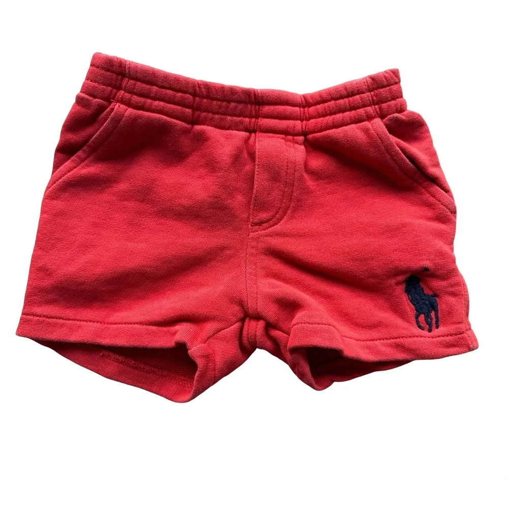 Ralph Lauren Elastic Waistband Pony Logo Bright Red Cotton Fleece Shorts S 18M